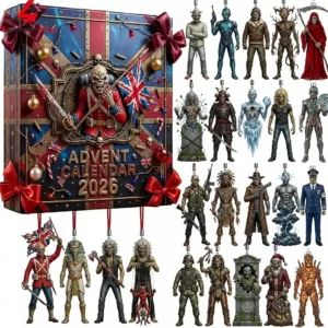 Iron Maiden Eddie-themed 2026 holiday advent calendar with hanging character ornaments.