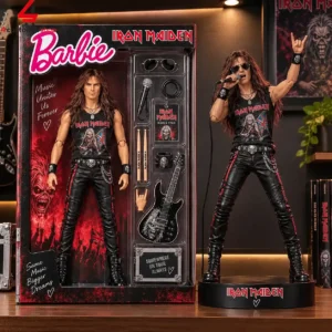 Iron Maiden x Barbie collaborative collectible action figure set in packaging.