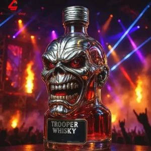 Iron Maiden Trooper Whisky bottle shaped like Eddie's head with stage lighting background