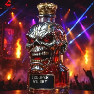 Iron Maiden Trooper Whisky glass bottle shaped like Eddie's head with a gold crown cap