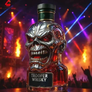 Iron Maiden Trooper Whisky bottle shaped like Eddie the Head on a concert stage
