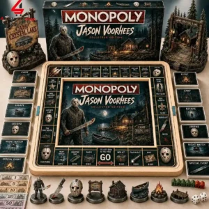 Jason Voorhees horror movie themed board game with custom pieces and game board