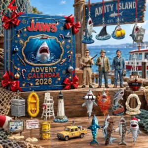 2026 Jaws themed holiday advent calendar with miniature movie collectibles.