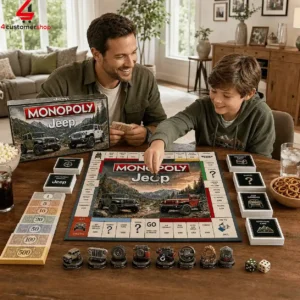 A man and a boy playing the Jeep Collector Edition of Monopoly together.