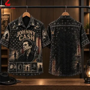 Front and back view of a black short-sleeved Johnny Cash music memorabilia button-down shirt.