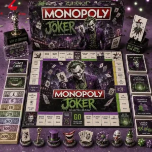 Joker-themed Monopoly collector edition board game with themed tokens and cards.