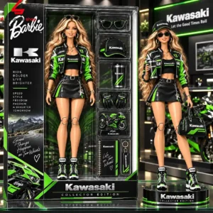 Kawasaki themed fashion doll in collector packaging with motorcycle accessories