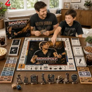 Father and son playing Keith Urban collector edition Monopoly board game at home.