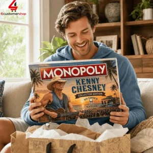 Man smiling while holding a Kenny Chesney collector edition Monopoly board game.