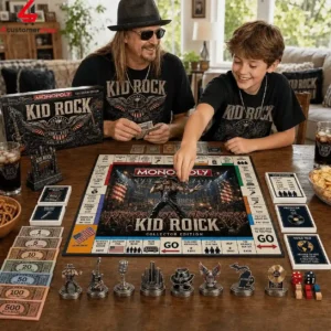 Kid Rock Collector Edition Monopoly board game being played by a man and boy.