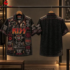Front and back view of a black short-sleeved KISS rock band button-up shirt featuring vintage tour graphics.