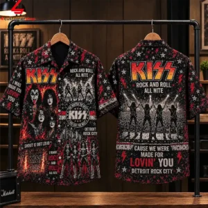 Front and back view of a KISS band themed short-sleeve button-up shirt.
