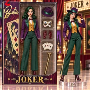 Barbie as The Joker collector doll in box and posed outside with accessories