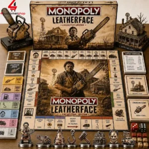 Leatherface themed Monopoly board game set with miniature figures and accessories.