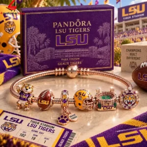 Pandora LSU Tigers charm bracelet with university-themed charms in a gift box.