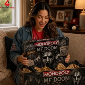 A woman excitedly unboxing the Monopoly MF DOOM Collector Edition board game.