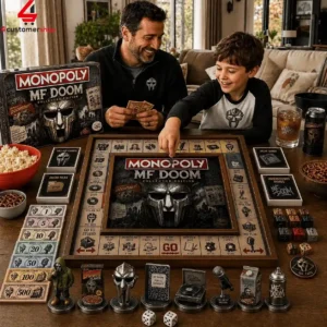 Father and son playing a custom MF Doom themed Monopoly board game at home.