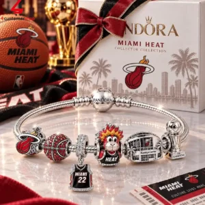 Pandora Miami Heat charm bracelet with team-themed beads and display box.