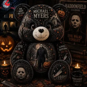 Michael Myers Halloween-themed plush teddy bear with movie-inspired decorations
