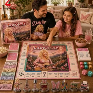 A father and daughter playing the Dolly Parton Collector Edition Monopoly game at a table.
