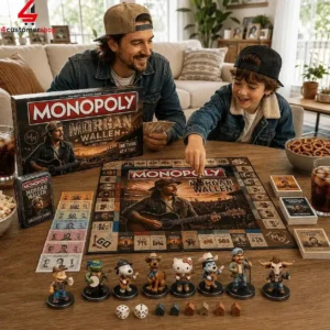A father and son playing a custom Morgan Wallen edition Monopoly board game in a living room.