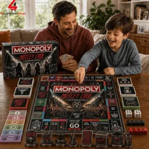 Father and son playing Mötley Crüe Monopoly collector edition board game.