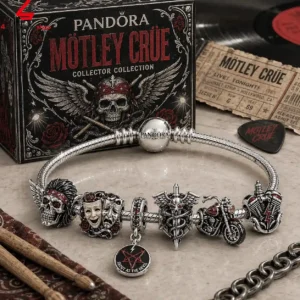Pandora Mötley Crüe themed silver snake chain charm bracelet with rock-inspired beads and collectibles.