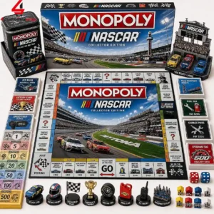 NASCAR Collector Edition Monopoly board game set with race car tokens and racetrack game board.