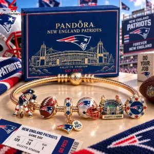Pandora New England Patriots NFL charm bracelet in a branded gift box.