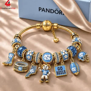 University of North Carolina Tar Heels themed Pandora charm bracelet with university logos and mascot charms.