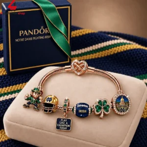 Pandora Notre Dame Fighting Irish rose gold charm bracelet with school themed charms