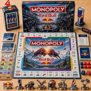 Red Bull Collector Edition Monopoly game board and accessories on a wooden table