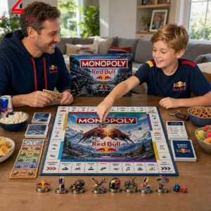 Father and son playing Red Bull collector's edition Monopoly game at home.