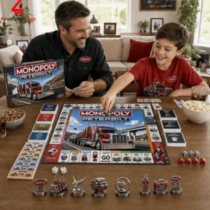 Father and son playing the Peterbilt Collector Edition Monopoly board game at a wooden table.