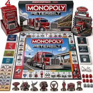 Peterbilt Collector Edition Monopoly board game set with specialized pieces and custom packaging.