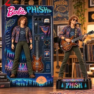 Phish band themed collectible doll in packaging and displayed on a concert stage stand