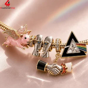 Pink Floyd inspired charm bracelet featuring iconic symbols on a gold chain.