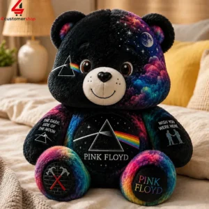 Pink Floyd themed plush teddy bear with cosmic and prism imagery