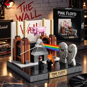 Pink Floyd 60th anniversary building block set display featuring Battersea Power Station, the flying pig, and Prism icon