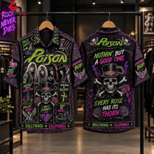 Front and back views of a Poison rock band short-sleeve button-up shirt featuring graphic skull and logo designs.