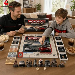 Father and son playing the Porsche collector edition Monopoly board game at a wooden table.