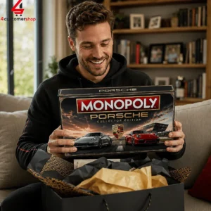 A man smiling while holding a Monopoly Porsche Collector Edition board game box.