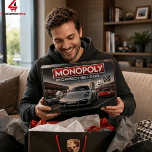 Man smiling while holding a Monopoly Porsche x Boo Collector Edition board game box.