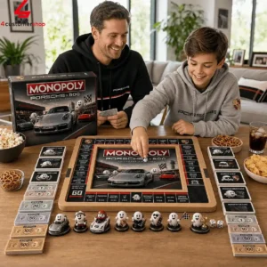 Father and son playing Porsche-themed Monopoly board game at home