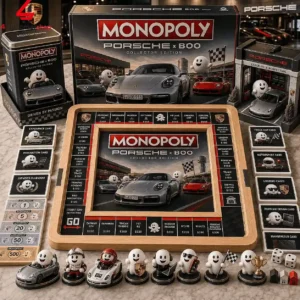 A luxury Porsche and Boo-themed Monopoly collector board game set displayed on a marble surface.