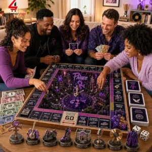 A group of friends playing a Prince-themed board game in a cozy living room setting.