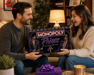 A couple holds a Prince themed Monopoly board game set as a gift in a cozy living room.