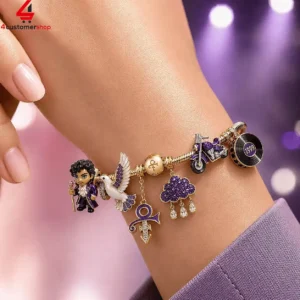Prince themed charm bracelet on a wrist