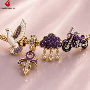 Prince-themed charm bracelet featuring a dove, purple rain cloud, and motorcycle charms