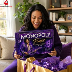 A woman holding a Prince Purple Rain collector edition Monopoly board game.